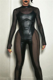Black Mesh See-Through Half A Turtleneck Long Sleeve Night Club Skinny Jumpsuit One Piece Bodysuit