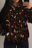 Multicolor Casual Stripe Letters Chain Print Draw String Pocket Loose Fall Winter Hooded Sweatshirt