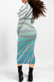 Pink Gradient Print Mock Neck Long Sleeve Casual Outing Party Club Vacation Bodycon Maxi Dresses