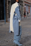 Off White with Denim Patchwork Turndown Collar Long Sleeve Front Button-Down Fall Winter Longline Denim Jacket