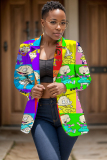 Multicolor Formal Office Casual Cartoon Print Buttons Turn-back Collar Long Sleeve Blazer Jackets