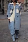 Off White with Denim Patchwork Turndown Collar Long Sleeve Front Button-Down Fall Winter Longline Denim Jacket