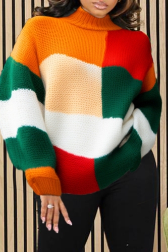 Multicolor Colorblock Print Casual Outing Patchwork Turtleneck Long Sleeve Fall Winter Knitted Sweater
