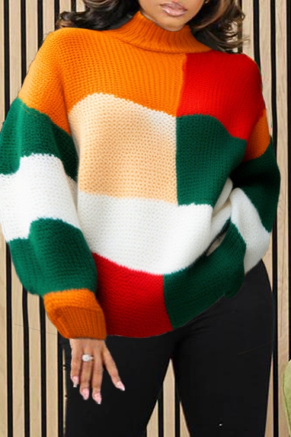 Multicolor Colorblock Print Casual Outing Patchwork Turtleneck Long Sleeve Fall Winter Knitted Sweater