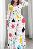 Multicolor Geometry Graffiti Print O Neck Long Sleeve Floor Length Casual Outing Vacation Baggy Maxi Dress