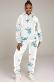 Pink Floral Print Long Sleeve Hooded Sweatshirt And Drawstring Pants Sportwear Casual Two Pieces Sweatpant Set