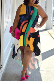 Black Blue Graphic Print Sleeveless O Neck High-Low Hem with Trailing Straight Loose Midi Dress