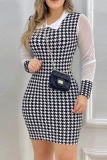 Black Formal Office Casual Houndstooth Print Turndown Collar Mesh Patchwork Long Sleeve Bodycon Mini Dresses