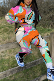 Multicolor Casual Graphics Print Zipper Hooded Long Sleeve Jackets And Sweatpants Sportwear Two Pieces Jogger Sets