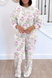 Sky Blue Crewneck Long Sleeve Floral Sweatshirt And Wide Leg Pants Sportwear Casual Two Pieces Sweatpant Set