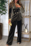 Olive Green Formal Office Casual Buttons Turndown Collar Long Sleeve Velvet Blazer Jackets And Wide Leg Pants Two Pieces Trouser Sets