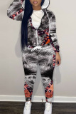 White Black Casual Graphics Print Zipper Hooded Long Sleeve Jackets And Sweatpants Sportwear Two Pieces Jogger Sets