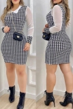Black Formal Office Casual Houndstooth Print Turndown Collar Mesh Patchwork Long Sleeve Bodycon Mini Dresses