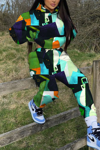 Multicolor Casual Graphics Print Zipper Hooded Long Sleeve Jackets And Sweatpants Sportwear Two Pieces Jogger Sets