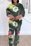 Dark Blue Crewneck Long Sleeve Graphcis Sweatshirt And Wide Leg Pants Sportwear Casual Two Pieces Sweatpant Set