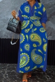 Blue Casual Outing Boho Print Buttons Patchwork Turndown Collar Long Sleeve Long Plus Size Vacation Maxi Dresses