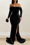 Black Off Shoulder Long Sleeve High Slit Mermaid Hem Formal Evening Party Prom Bodycon Maxi Velvet Dresses