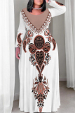Black White Casual Boho Floral Print Crewneck Long Sleeve Floor Length Vacation Baggy Maxi Dress