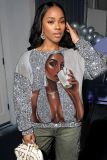 Grey Casual Outing Figure Print O Neck Long Sleeve Fall Winter Sweatshirt