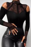 Black Lace Flower Print Turtleneck Cut-Out Sholder Long Sleeve Skinny Bodysuits