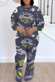 Dark Blue Crewneck Long Sleeve Graphcis Sweatshirt And Wide Leg Pants Sportwear Casual Two Pieces Sweatpant Set