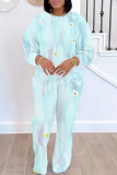 Sky Blue Crewneck Long Sleeve Floral Sweatshirt And Wide Leg Pants Sportwear Casual Two Pieces Sweatpant Set