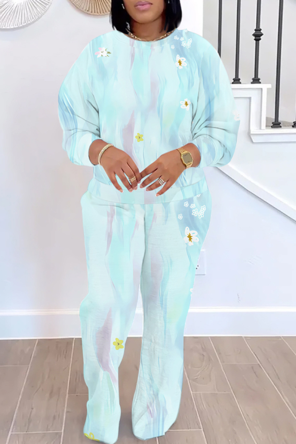 Sky Blue Crewneck Long Sleeve Floral Sweatshirt And Wide Leg Pants Sportwear Casual Two Pieces Sweatpant Set
