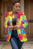 Rose Red Formal Office Casual Graphics Print Buttons Turn-back Collar Long Sleeve Blazer Jackets