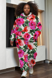 Light Purple Casual Floral Print Zipper Hooded Long Sleeve Jackets And Sweatpants Sportwear Two Pieces Jogger Sets