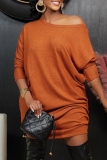Orange Casual Outing Oblique Collar Loose Long Sleeve T Shirt Midi Dresses