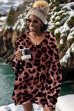 Pink Casual Leopard Print V Neck Long Sleeve Fall Winter Oversize Sweater Tops