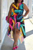 Black Blue Graphic Print Sleeveless O Neck High-Low Hem with Trailing Straight Loose Midi Dress