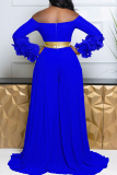 Blue Off Shoulder Long Sleeve with Ruffled Layered Cuffs Gold Strap Waist Vacation Garden Party Wide Leg Jumpsuits