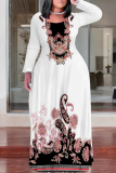 Black White Casual Boho Floral Print Crewneck Long Sleeve Floor Length Vacation Baggy Maxi Dress