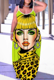 Yellow African Girl Print Sleeveless Backless Spaghetti Strap Floor Length Vacation Baggy Sundress Slip Maxi Dress