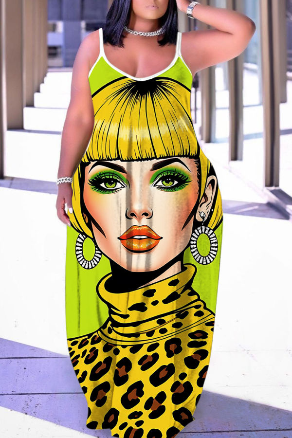 Yellow African Girl Print Sleeveless Backless Spaghetti Strap Floor Length Vacation Baggy Sundress Slip Maxi Dress