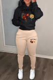 Dark Green Sportwear Casual Graphcis Print Hooded Long Sleeve Sweatshirt and Pencil Sweatpants Fall Winter Two Pieces Sweatsuits Sets