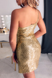 Gold Sequin Evening Party Gown One Shoulder Wrapped Skirt Irregular Hem Bodycon Glitter Prom Mini Dress