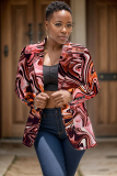 Dark Brown Graphcis Print Turn-back Collar Button-Down Long Sleeve Formal Office Casual Blazer Jackets Plus Size Cardigan Overcoat