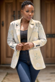 Light Khaki Formal Office Casual Floral Print Buttons Turn-back Collar Long Sleeve Blazer Jackets