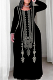 Black White Casual Boho Floral Print Crewneck Long Sleeve Floor Length Vacation Baggy Maxi Dress