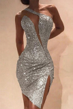 Gold Sequin Evening Party Gown One Shoulder Wrapped Skirt Irregular Hem Bodycon Glitter Prom Mini Dress