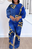 Dark Blue Crewneck Long Sleeve Graphcis Sweatshirt And Wide Leg Pants Sportwear Casual Two Pieces Sweatpant Set