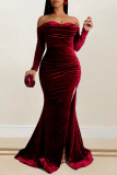 Black Off Shoulder Long Sleeve High Slit Mermaid Hem Formal Evening Party Prom Bodycon Maxi Velvet Dresses