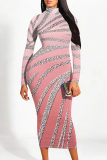 Pink Gradient Print Mock Neck Long Sleeve Casual Outing Party Club Vacation Bodycon Maxi Dresses