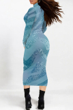 Pink Gradient Print Mock Neck Long Sleeve Casual Outing Party Club Vacation Bodycon Maxi Dresses