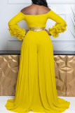 Blue Off Shoulder Long Sleeve with Ruffled Layered Cuffs Gold Strap Waist Vacation Garden Party Wide Leg Jumpsuits