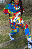 Multicolor Casual Graphics Print Zipper Hooded Long Sleeve Jackets And Sweatpants Sportwear Two Pieces Jogger Sets