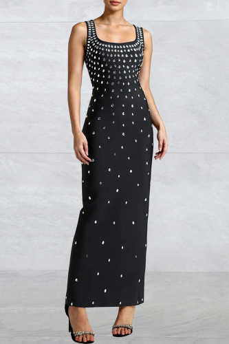 Black Formal Evening Party Prom Hot Drill Zipper Sleeveless U Neck Long Bodycon Maxi Dresses