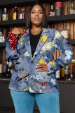 Blue Gray Formal Office Casual Graphics Print Buttons Turn-back Collar Long Sleeve Plus Size Blazer Jackets